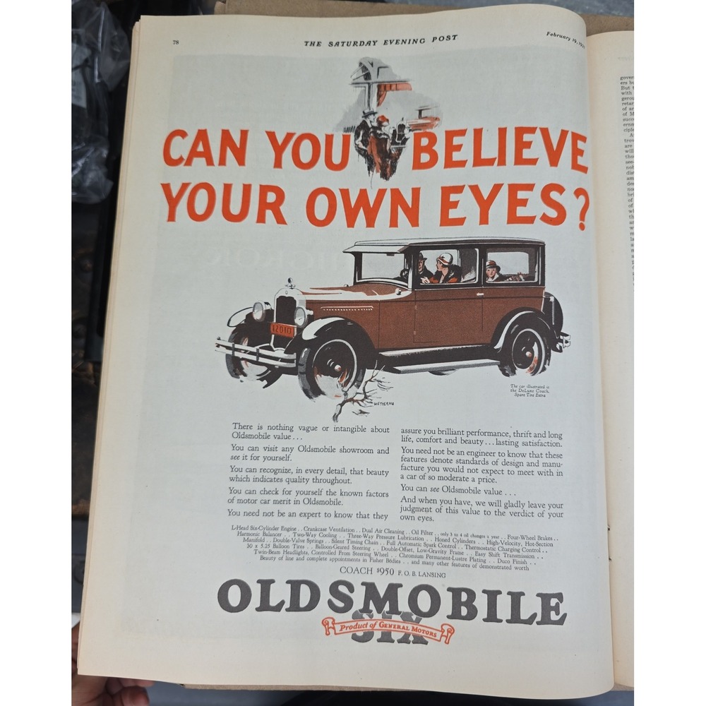 Print Ad 1927: Oldsmobile Six Coach Automobile Vintage Advertisement